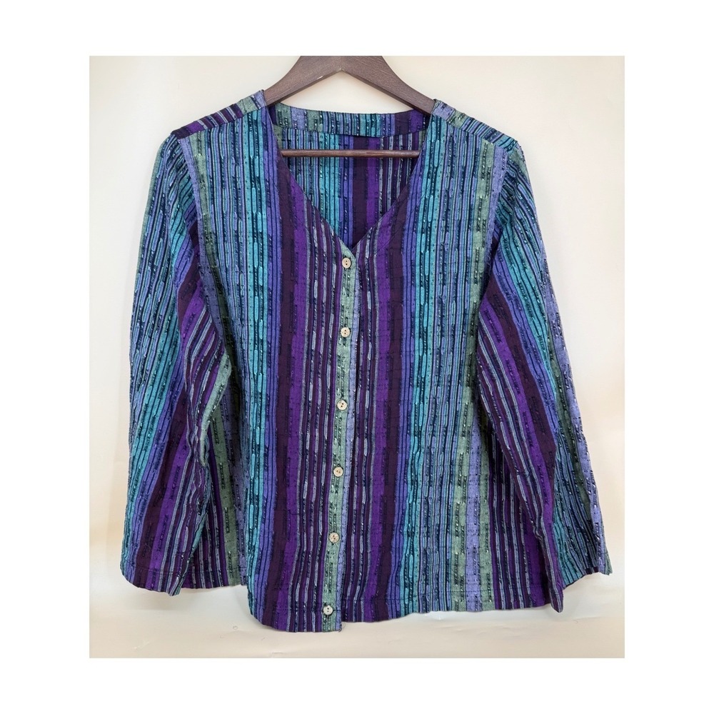 Unbranded Women One Size V-Neck Stripe Button Down Blue Long Sleeve Blouse
